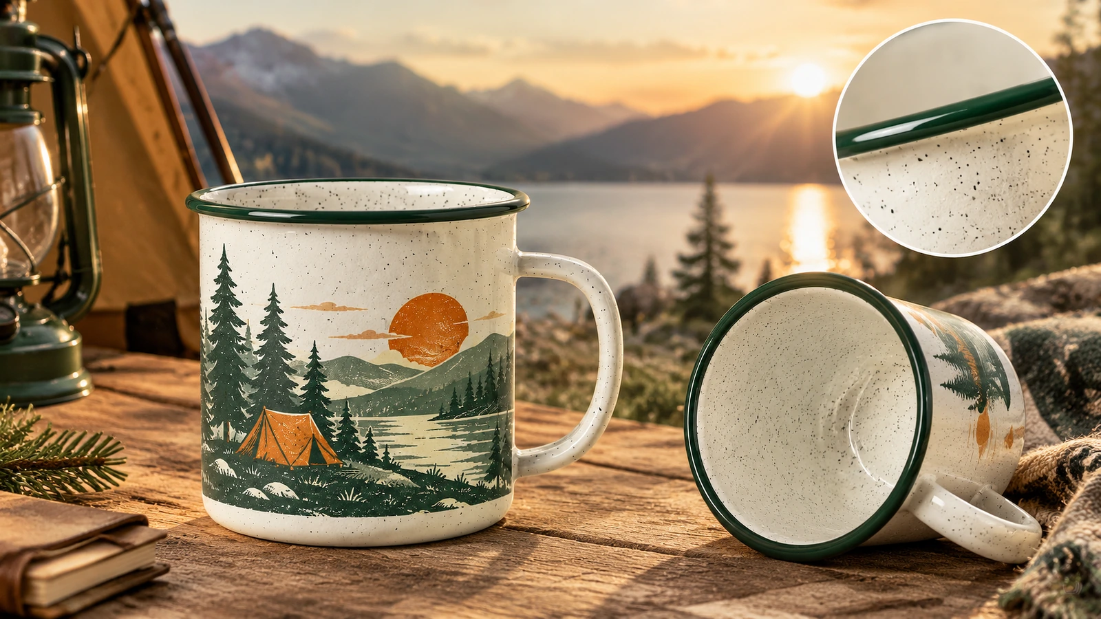 Tasses de camping au bord d'un lac au coucher du soleil, avec un encart en gros plan du bord vert