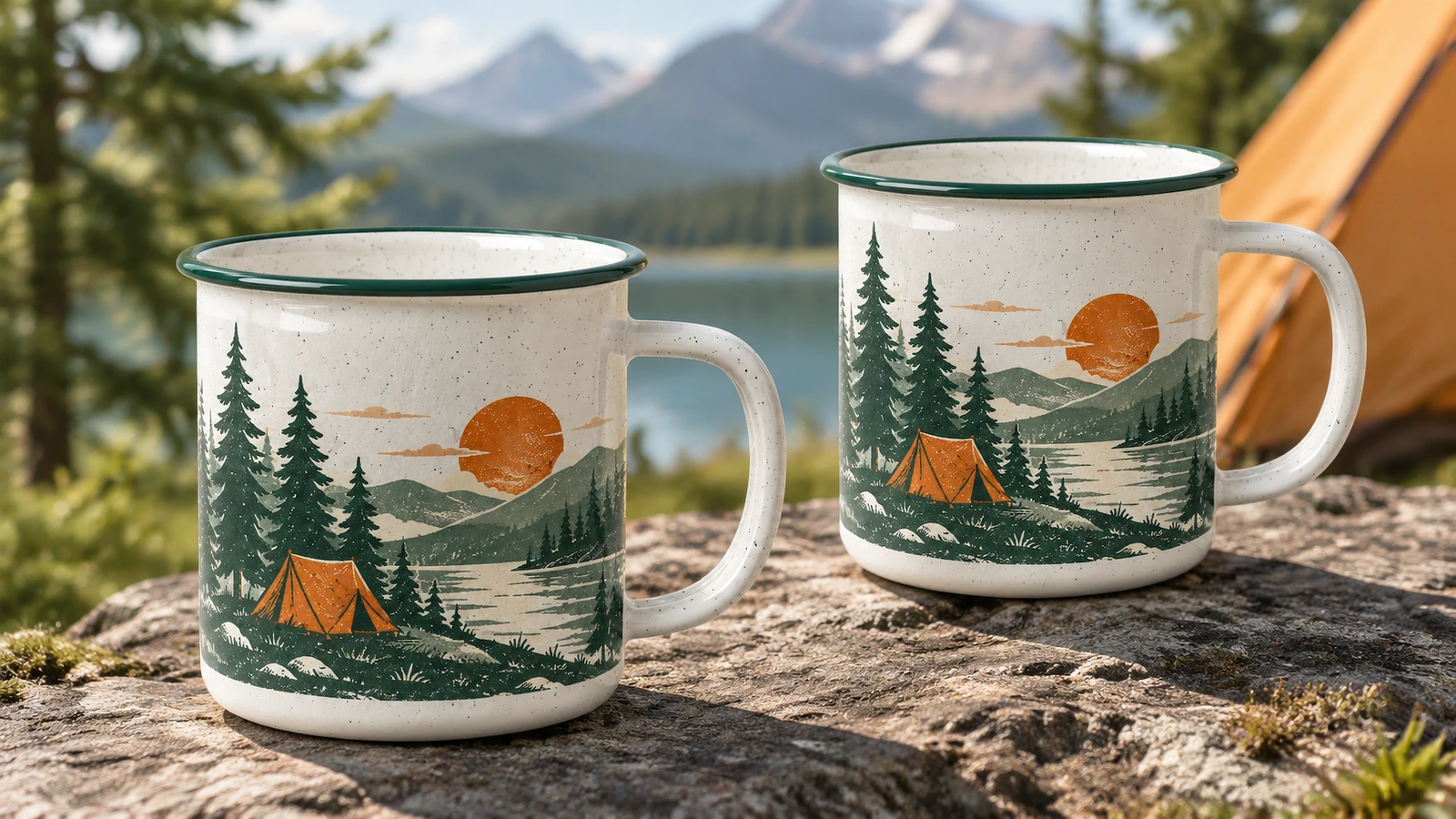 Deux tasses au motif camping posées sur un rocher près d'un lac et d'une tente