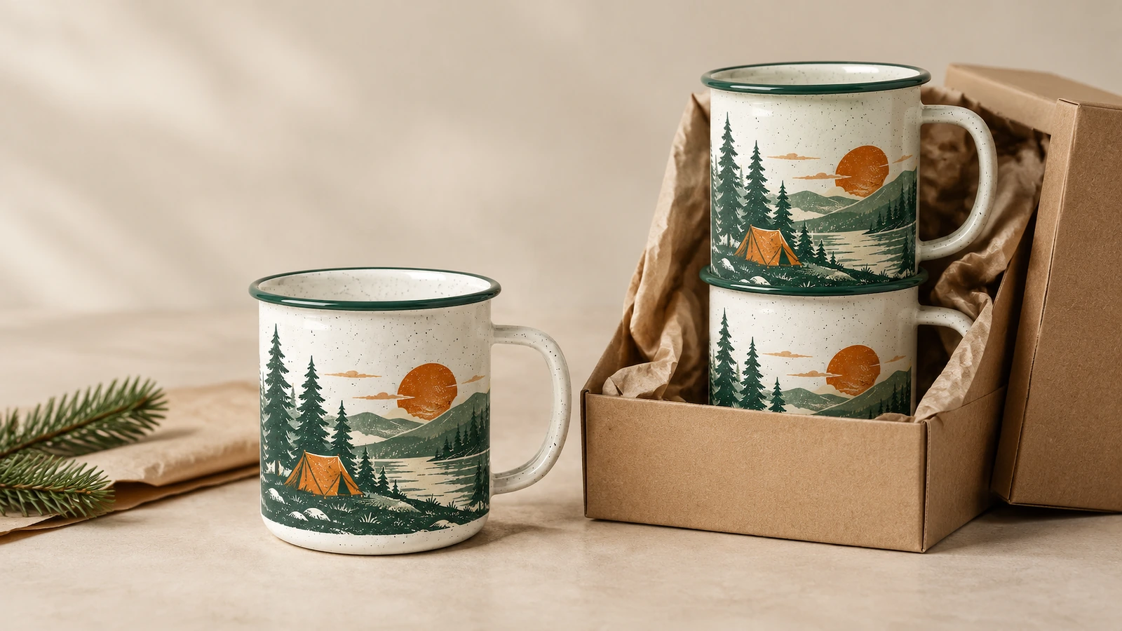 Tasses de camping à côté d'une boîte kraft ouverte avec calage en papier