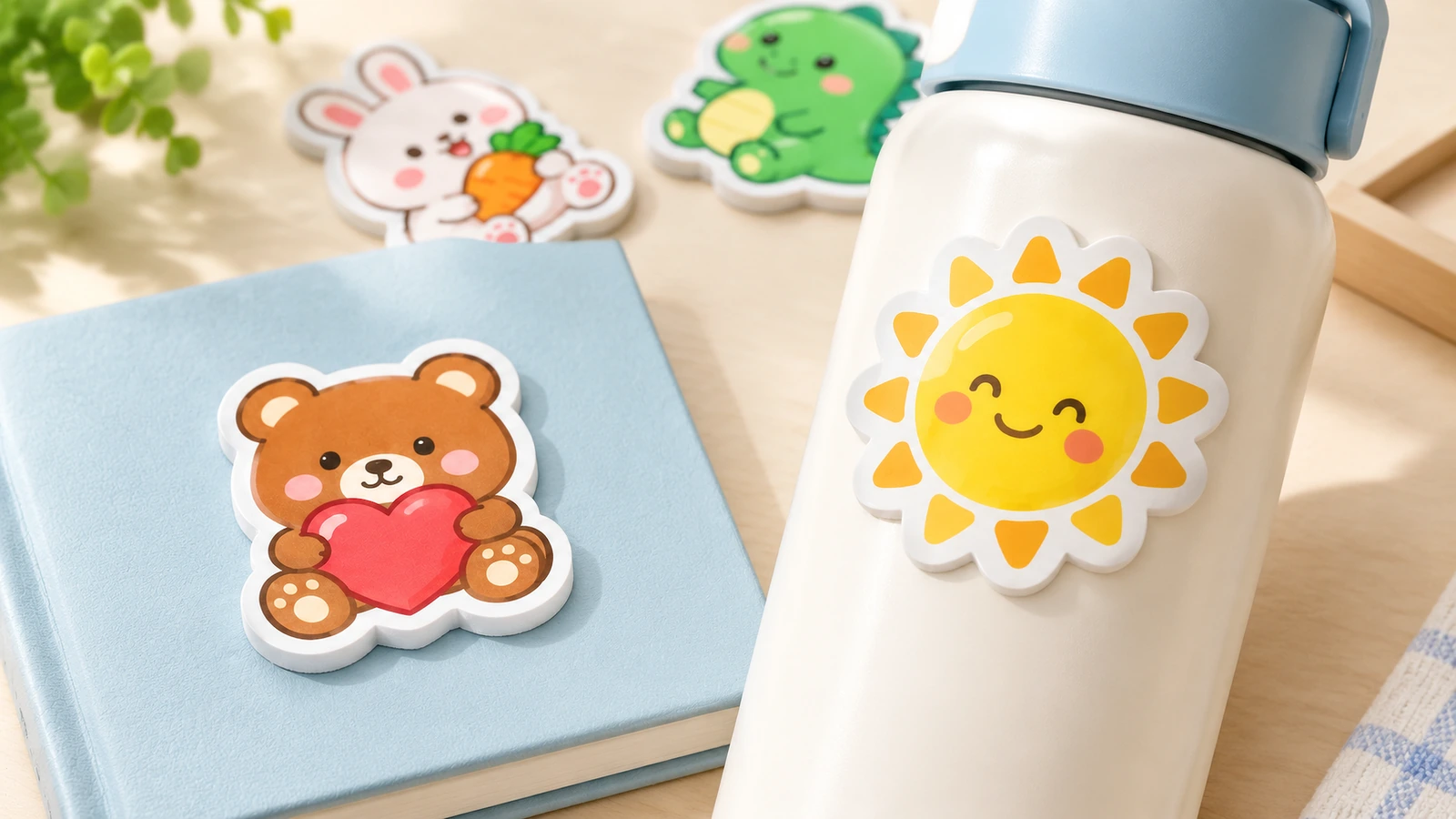 Autocollant en mousse en forme d'ours sur un cahier bleu et autocollant en mousse soleil sur une bouteille blanche