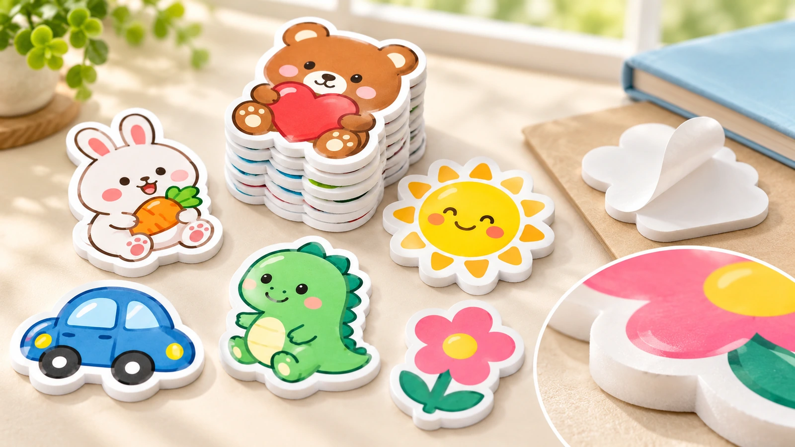 Assortiment d'autocollants en mousse à personnages, avec une pile d'ours, un support blanc décollé et un gros plan sur le bord d'une fleur
