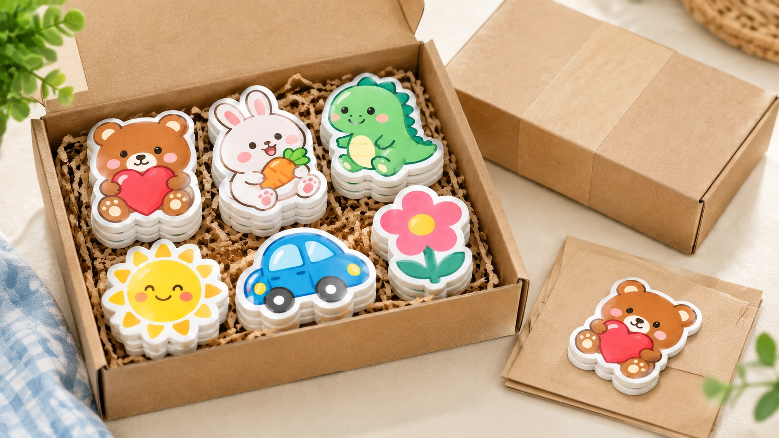 Piles d'autocollants en mousse colorés à personnages dans une boîte cadeau en kraft ouverte, avec du papier déchiqueté comme calage