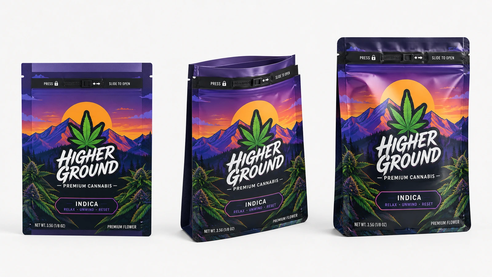 Trois vues de sachets violets ornés de montagnes et de feuilles de cannabis