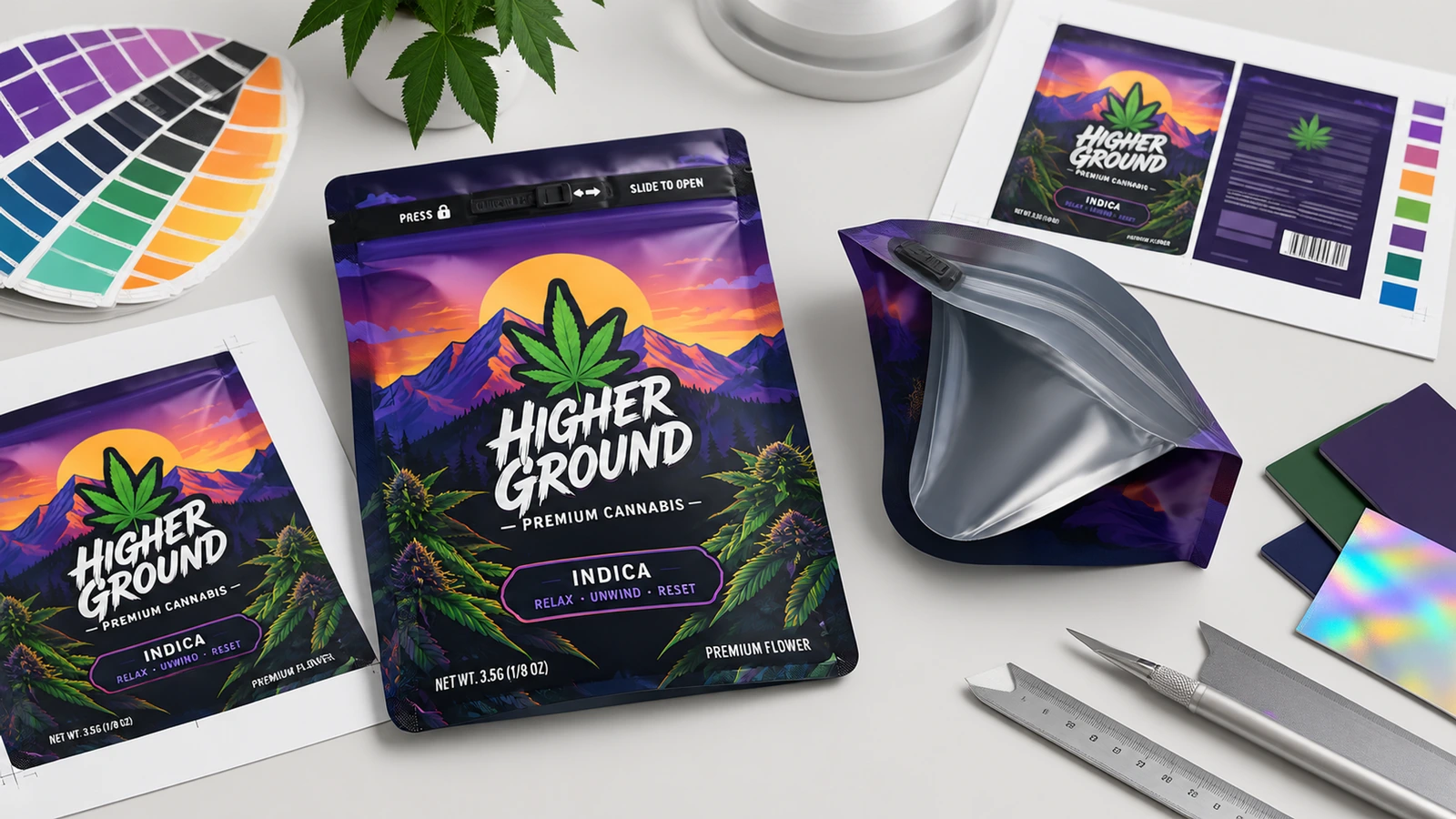 Sachets violets à thème cannabis à côté de visuels imprimés, de nuanciers et d'un sachet ouvert montrant son intérieur