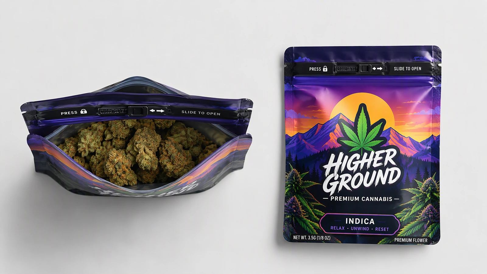 Sachet ouvert contenant des fleurs de cannabis à côté d'un sachet violet imprimé et fermé