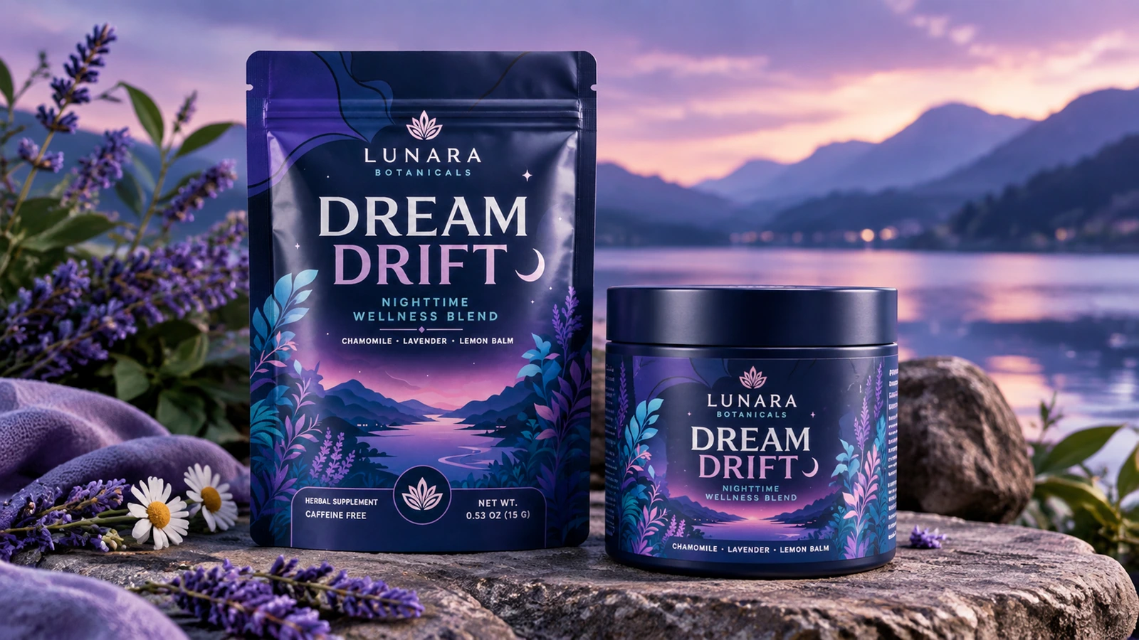 Pochette botanique violette et pot assorti présentés au bord d'un lac au coucher du soleil