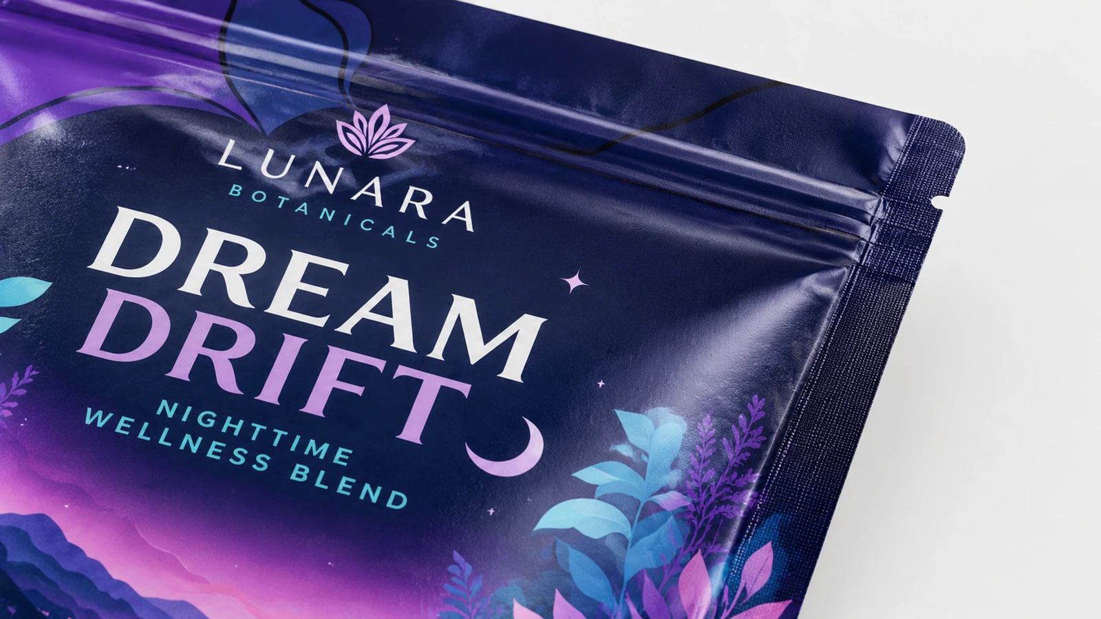 Gros plan sur la marque de la pochette violette et sur la zone de fermeture supérieure cannelée