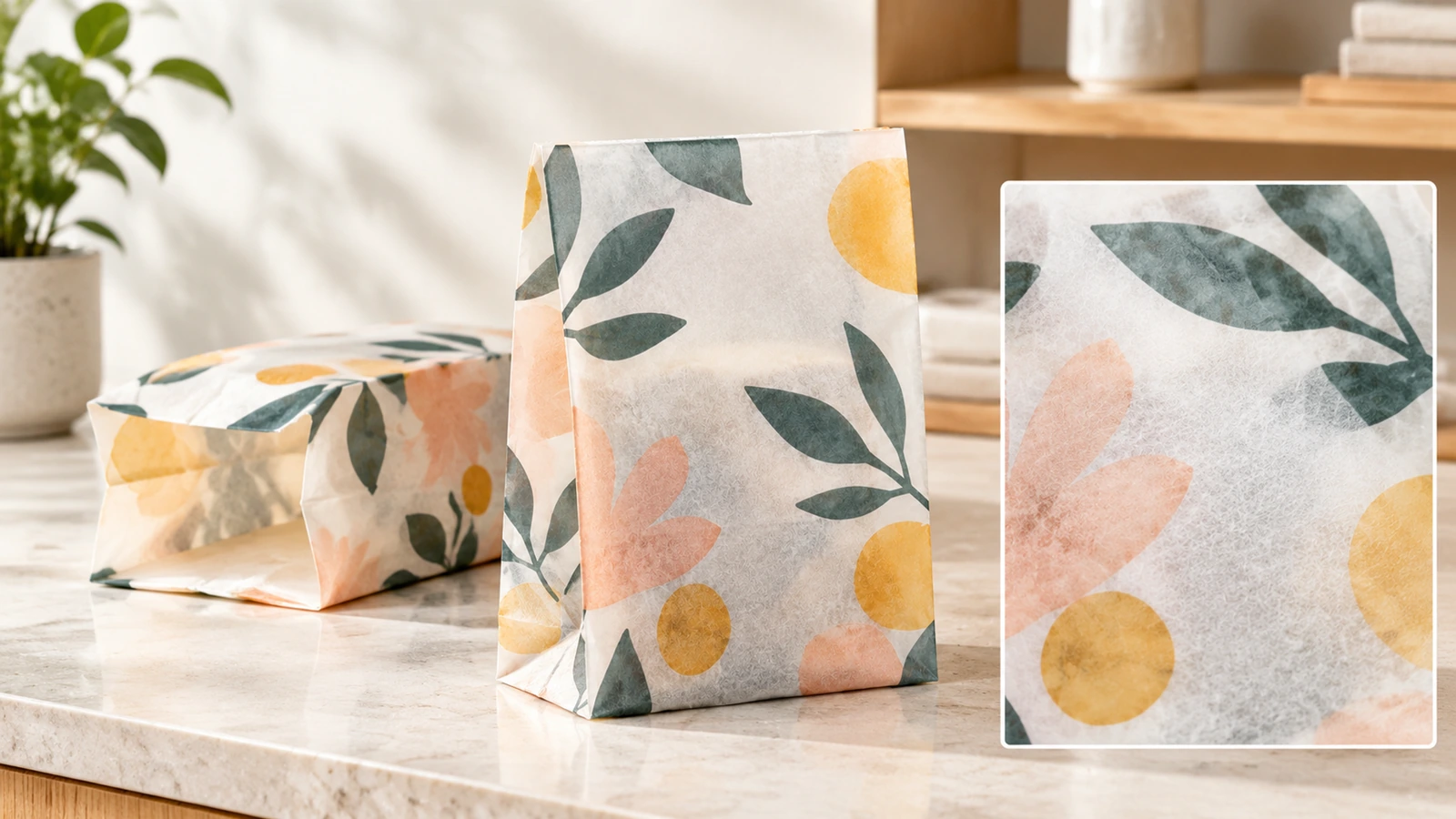 Sacs en papier imprimés de motifs floraux, avec un encadré en gros plan sur la surface du papier
