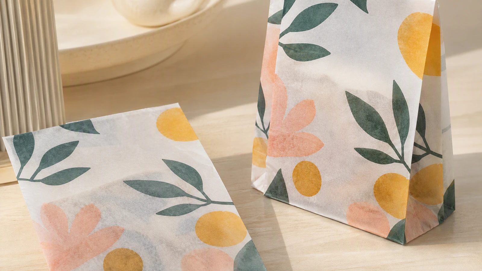 Sacs en papier imprimés de motifs floraux, à plat et debout, sur une table en bois
