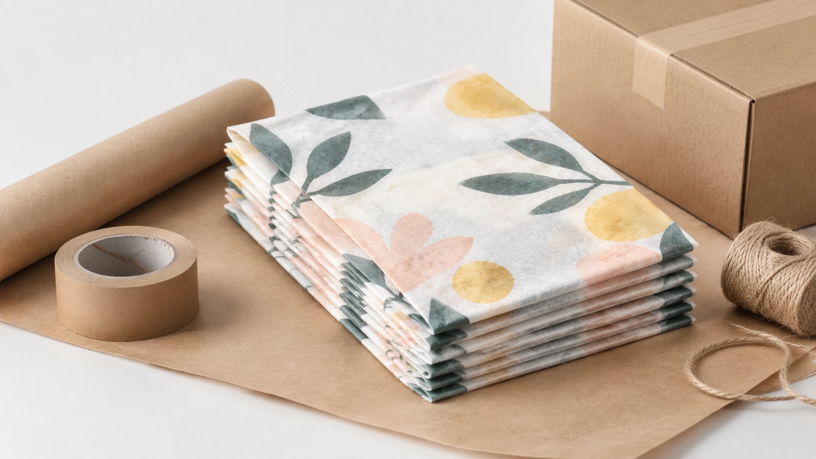 Pile de sacs imprimés de motifs floraux à côté d'un ruban adhésif d'emballage, d'une ficelle et d'une boîte en carton