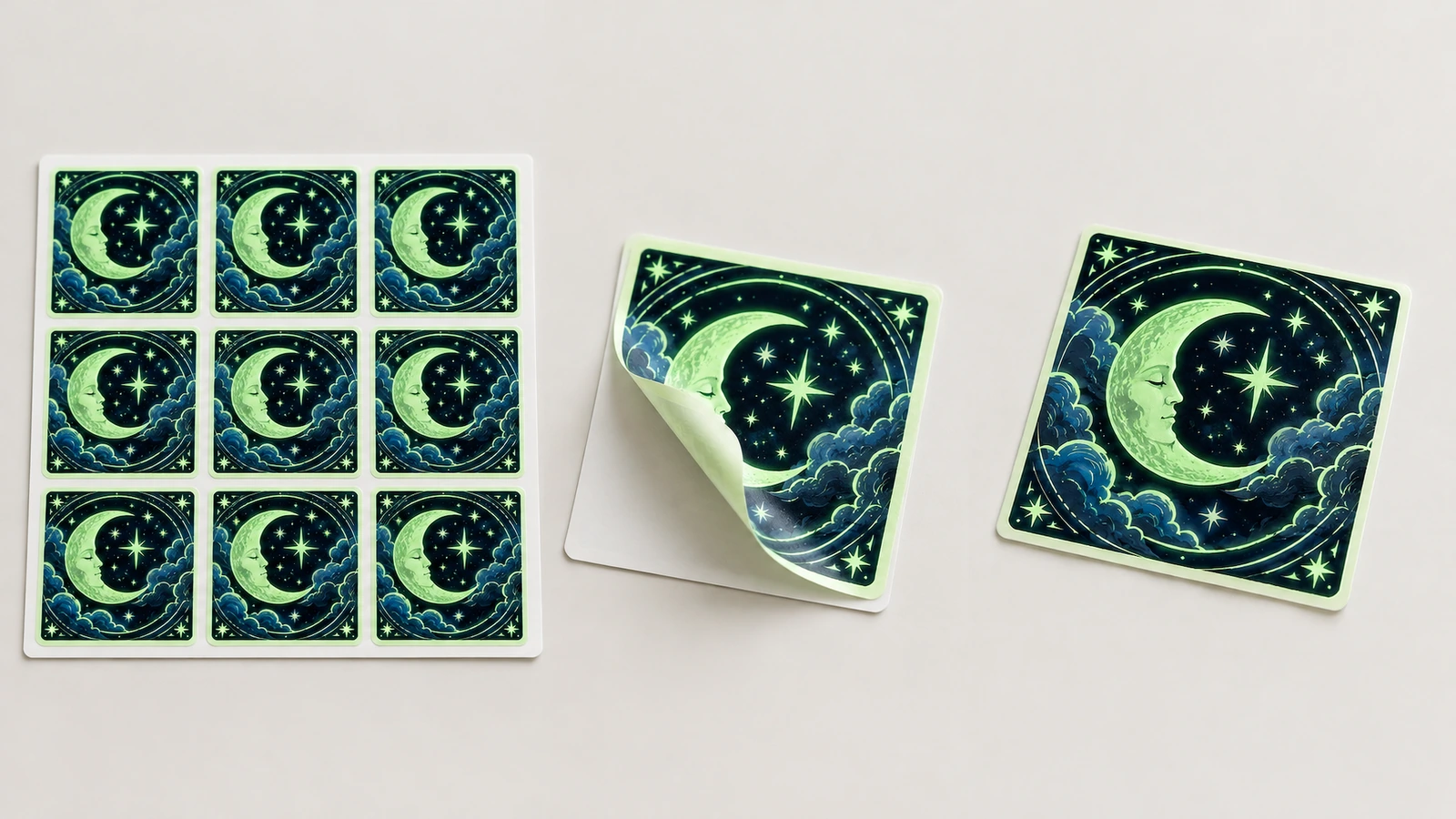 Une planche de neuf autocollants lune et étoiles à côté de deux autocollants séparés, dont un coin soulevé de son support