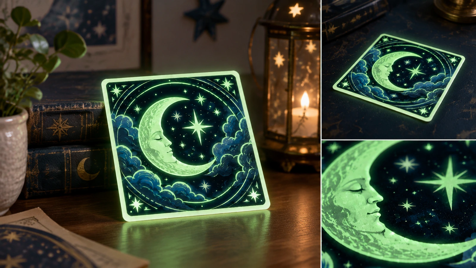 Assemblage d'un autocollant lune et étoiles vert dans une pièce peu éclairée, avec des vues rapprochées