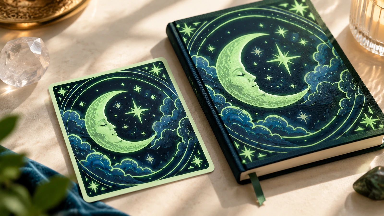 Autocollant lune et étoiles à côté d'un carnet au motif céleste assorti