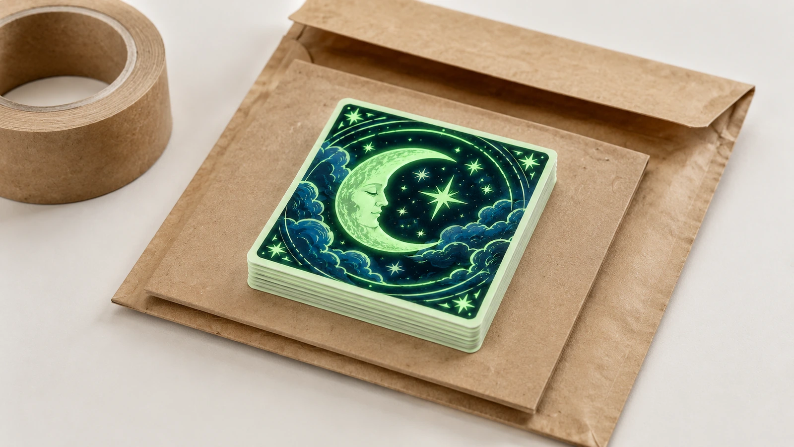 Pile d'autocollants carrés lune et étoiles sur une enveloppe kraft, à côté d'un rouleau de ruban adhésif brun