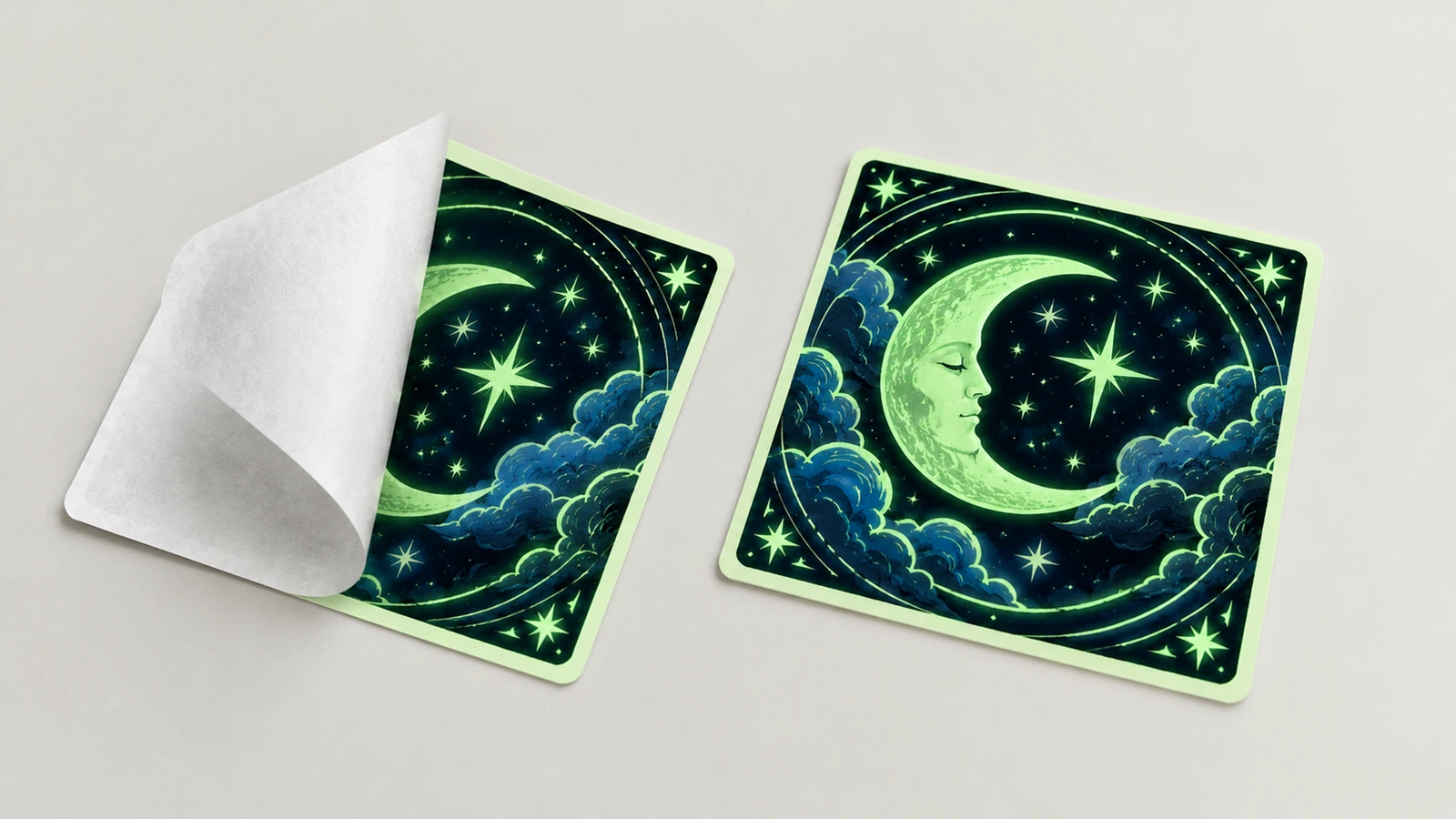 Deux autocollants carrés lune et étoiles, dont un avec son support en papier blanc partiellement décollé