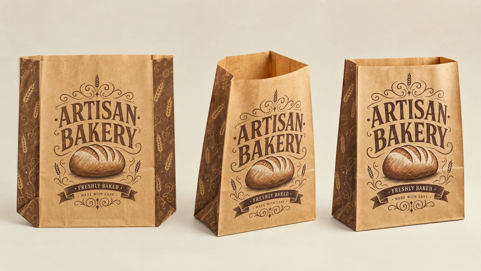 Vues de sacs de boulangerie imprimés Trois sacs de boulangerie imprimés bruns présentés debout sous différents angles