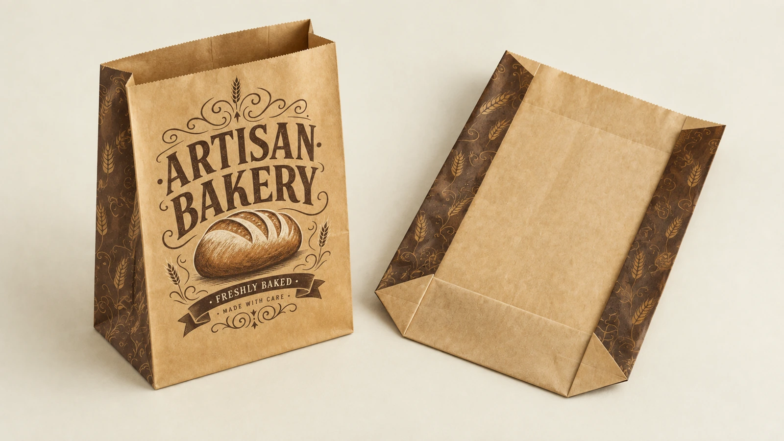 Vues avant et arrière d'un sac en papier de boulangerie Vues avant et arrière de sacs en papier brun ARTISAN BAKERY avec panneaux latéraux à motifs