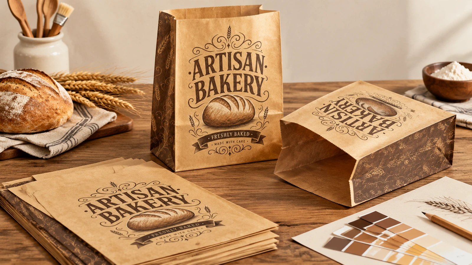 Adaptez les exigences du sac de boulangerie à l’aliment et au scénario de vente à emporter Scène illustrative d’achat en boulangerie avec échantillons de sacs en papier imprimés à côté de pâtisseries