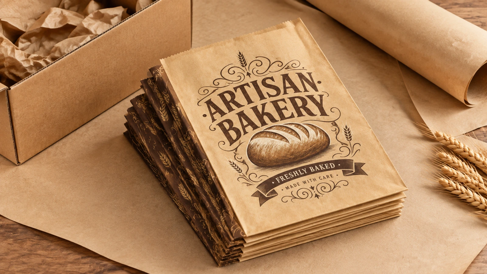 Sacs de boulangerie aplatis et matériaux d'emballage Pile de sacs ARTISAN BAKERY aplatis à côté d'une boîte en carton, de papier d'emballage et de blé