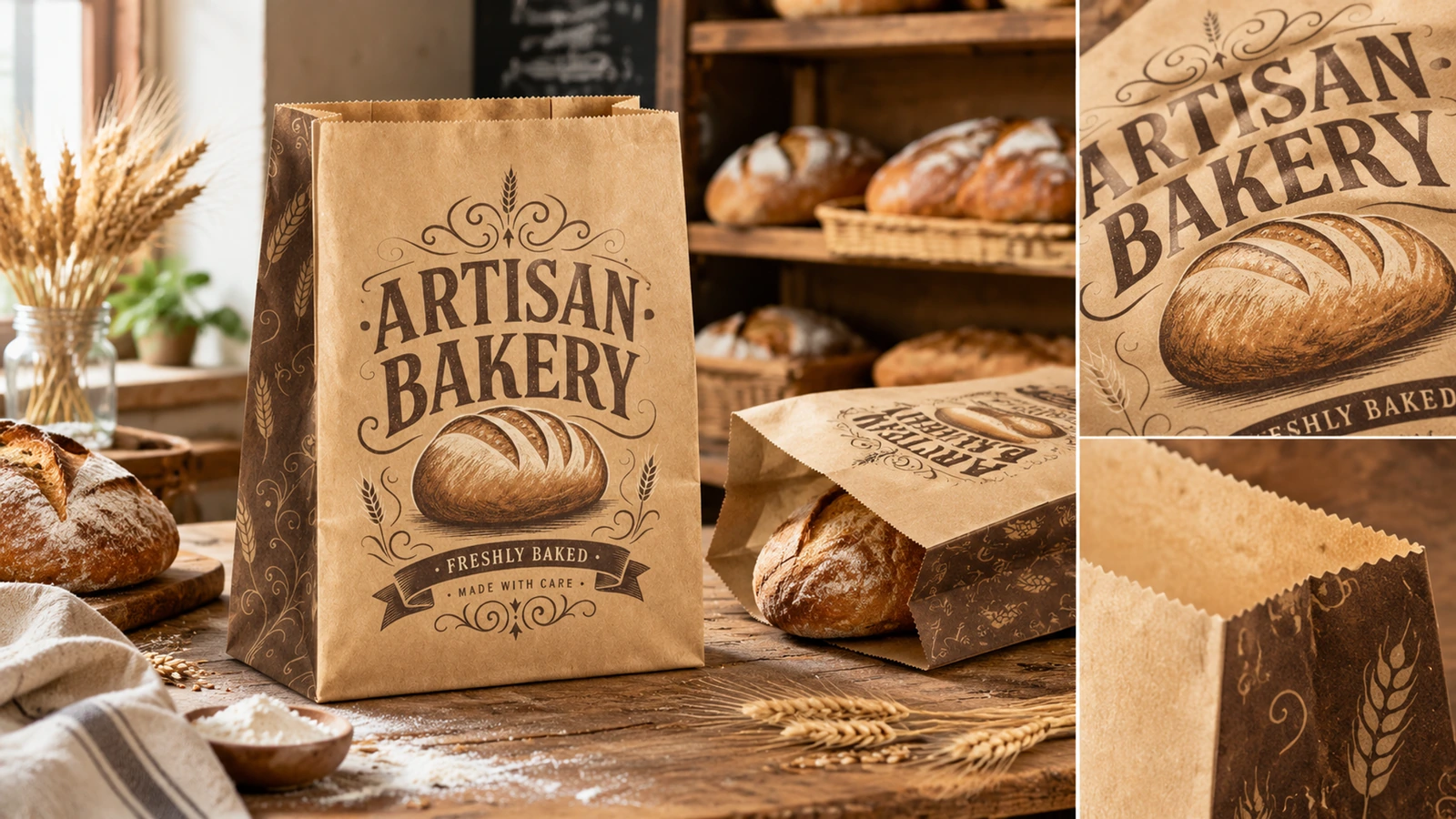 Détails de l'impression et de l'ouverture du sac de boulangerie Présentation de sacs de boulangerie imprimés avec gros plans du graphisme et de l'ouverture dentelée
