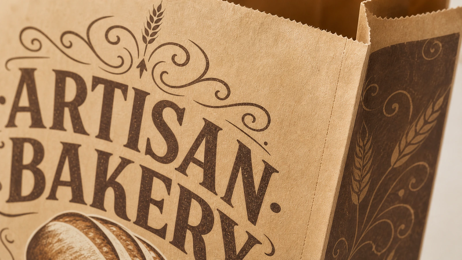 Détail de l'impression et de l'ouverture du sac de boulangerie Gros plan de l'impression ARTISAN BAKERY et d'une ouverture de sac dentelée