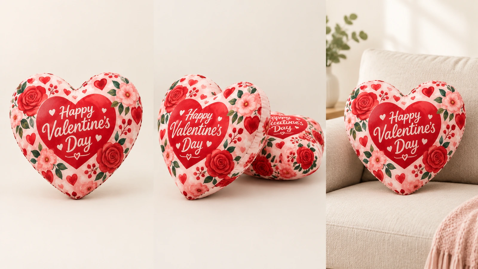 Collage de coussins cœur fleuris de la Saint-Valentin dans plusieurs positions d'exposition