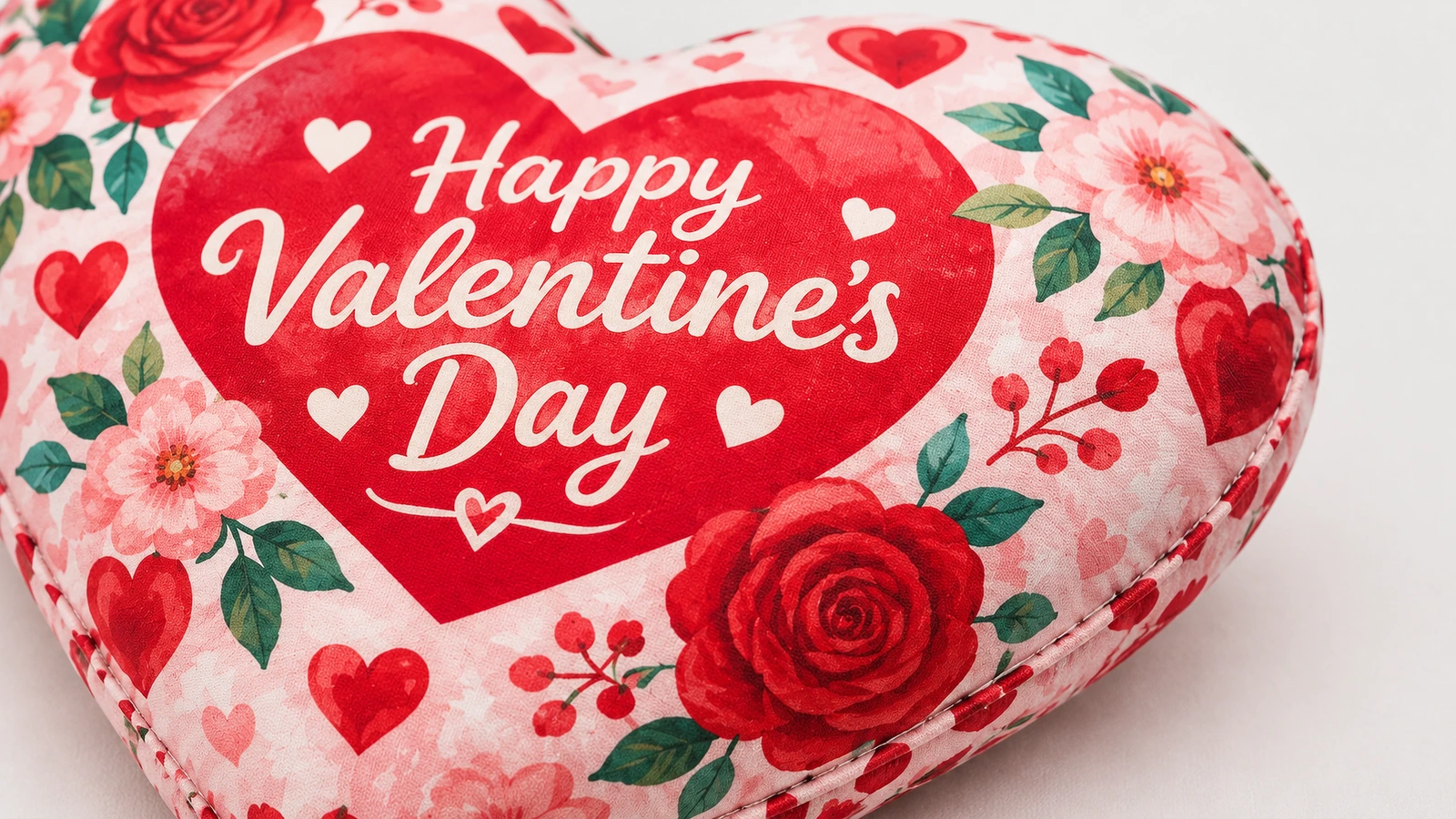 Gros plan d'un coussin cœur fleuri imprimé d'un message de la Saint-Valentin