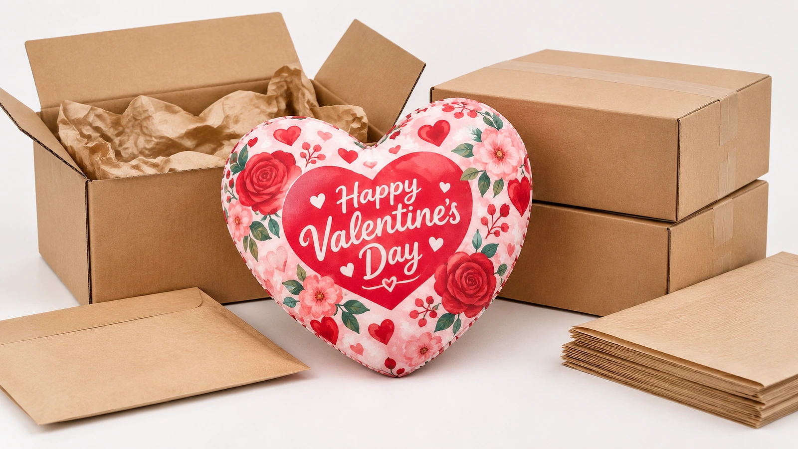 Coussin cœur de la Saint-Valentin à côté de cartons et de matériaux d'emballage en papier