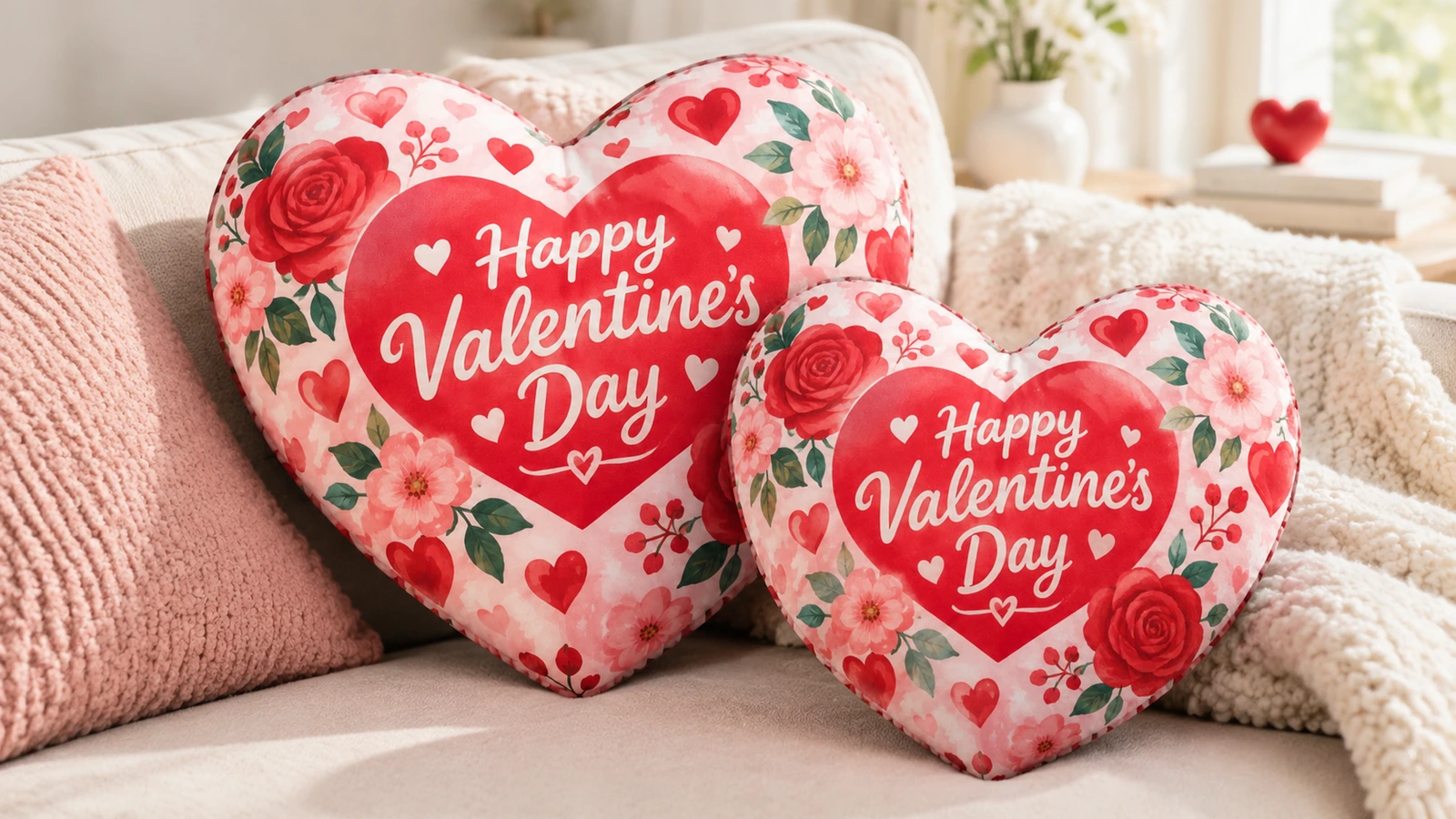 Deux coussins cœur fleuris de la Saint-Valentin exposés sur un canapé