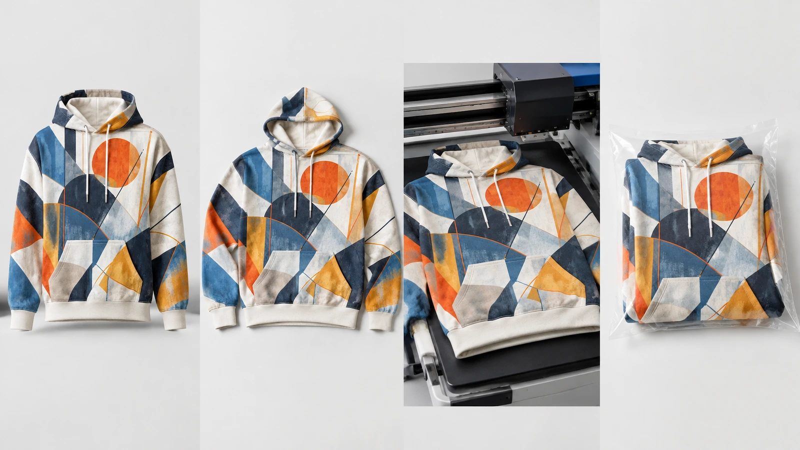 Collage de sweats à capuche géométriques présentés debout, à plat, pliés et placés sous un équipement d’impression
