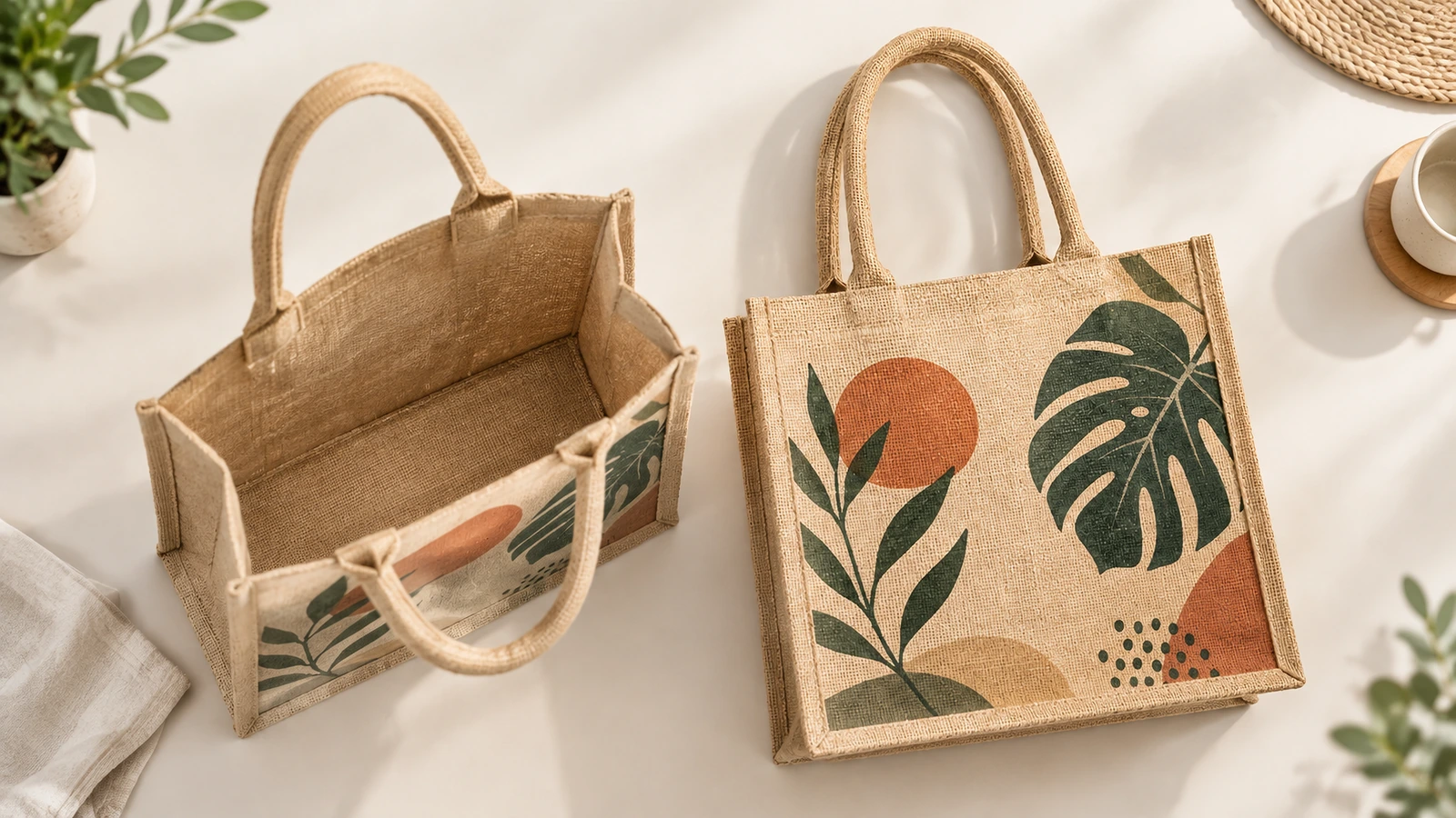Sacs cabas en jute assortis, présentés ouverts vus de dessus et à plat, avec l'illustration imprimée visible