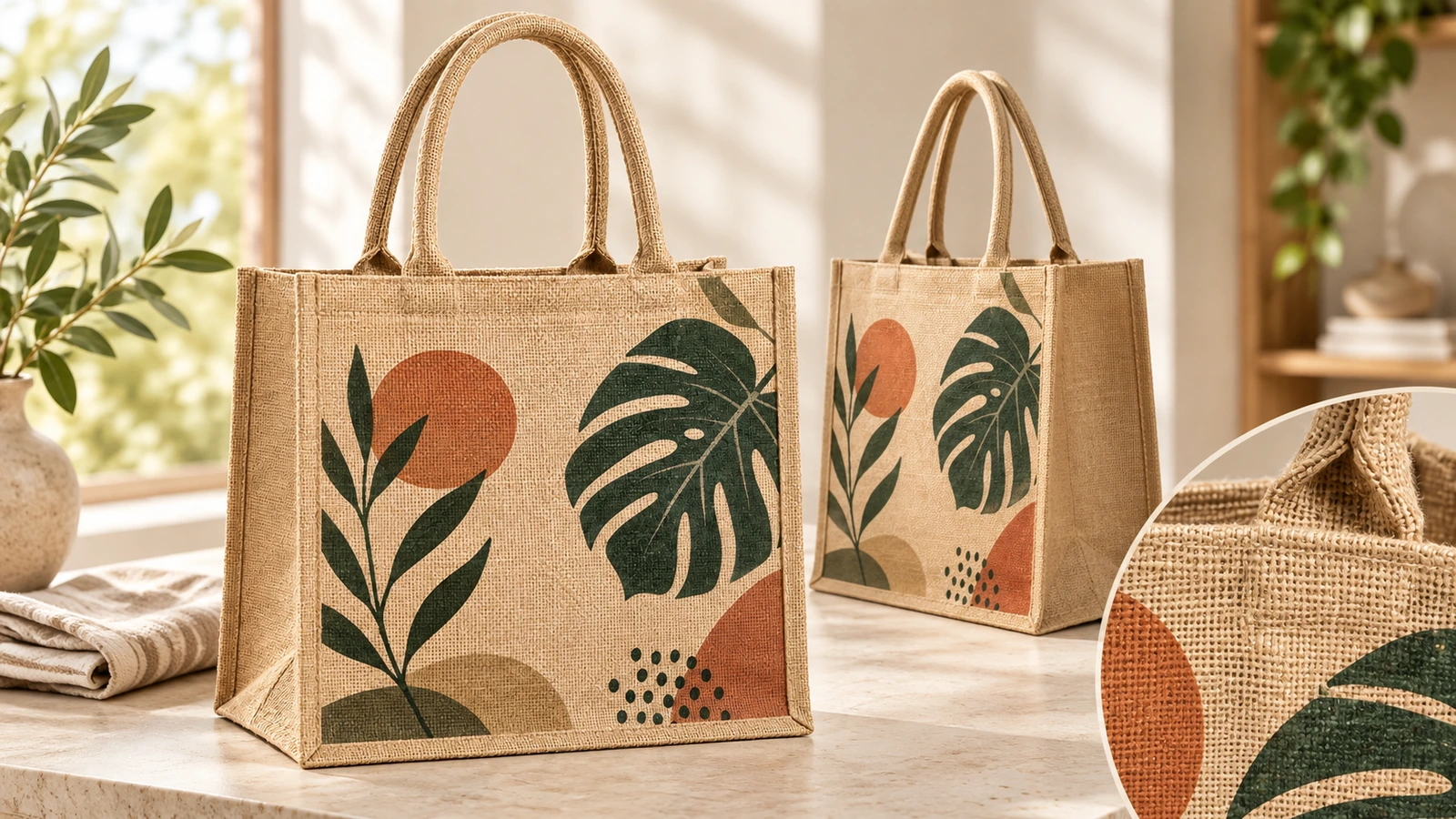Collage de deux sacs cabas en jute imprimés, avec un gros plan circulaire du tissu tissé et de l'illustration