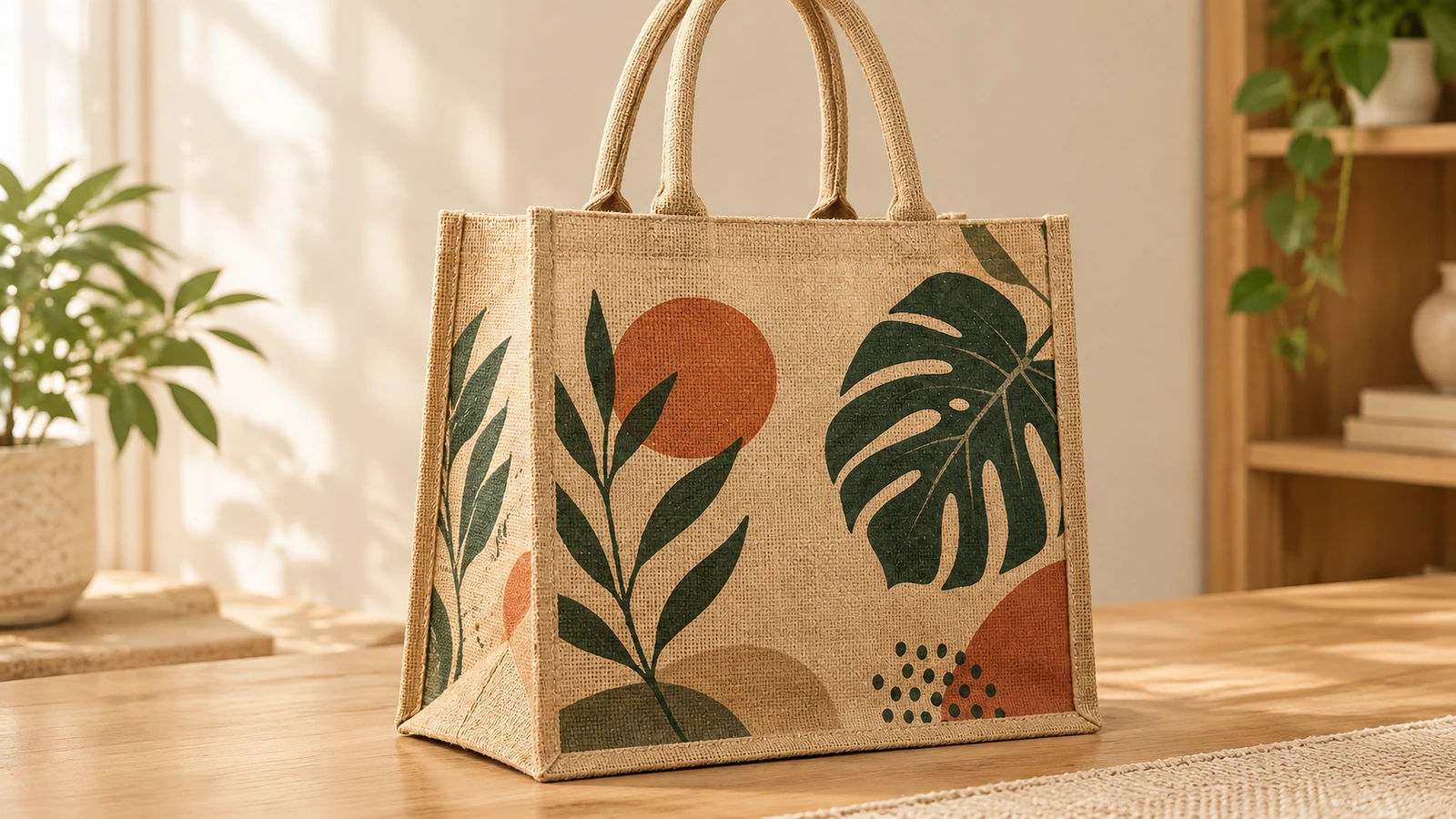 Sac cabas en jute imprimé posé sur une table en bois près d'une fenêtre