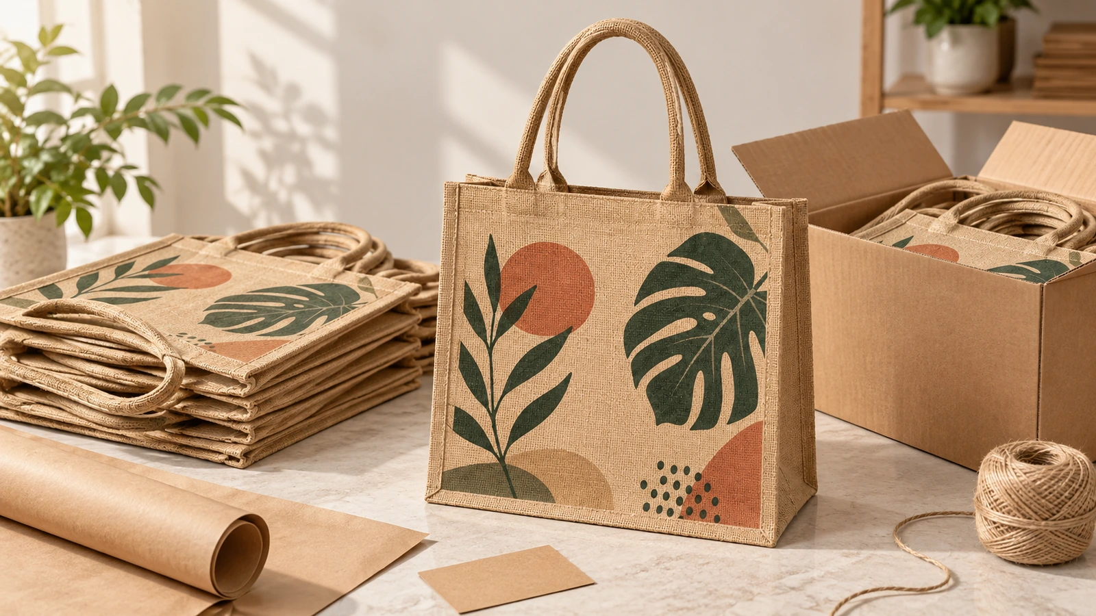 Sacs cabas en jute imprimés empilés et emballés à côté d'un carton ouvert, de papier kraft et de ficelle