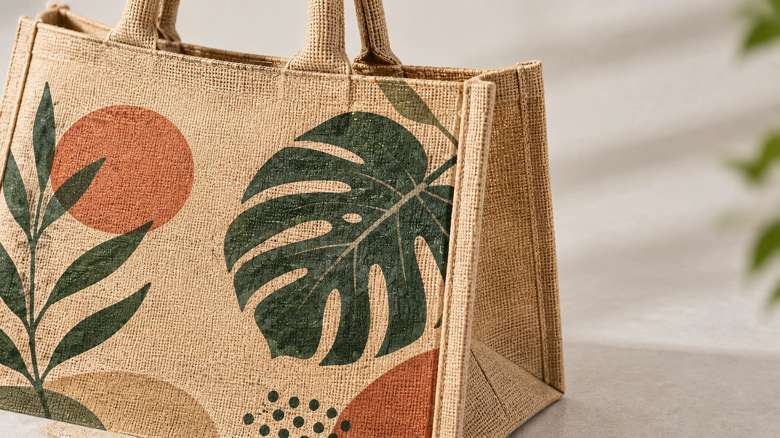 Gros plan d'un sac cabas en jute montrant l'illustration de feuille verte, le grain tissé et le soufflet latéral