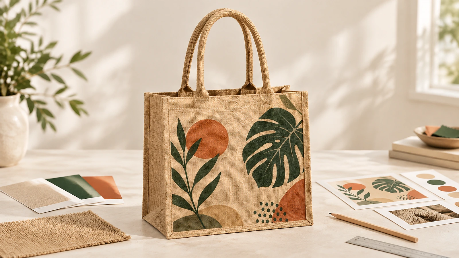Sac cabas en jute avec illustration de feuille verte et de terre cuite, à côté d'échantillons de tissu et de couleurs