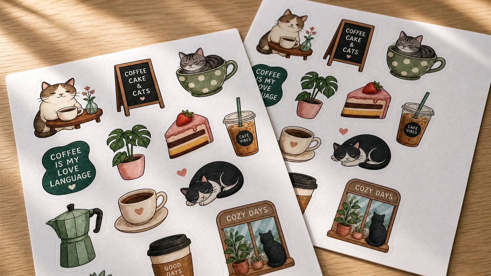 Feuilles d'autocollants chat et café au soleil Deux feuilles d'autocollants sur le thème chat et café qui se chevauchent au soleil