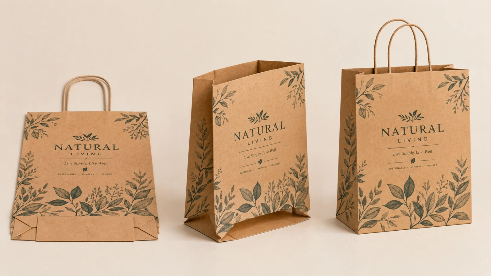 Sac brun à motif de feuilles présenté à plat, en corps ouvert et avec poignées torsadées
