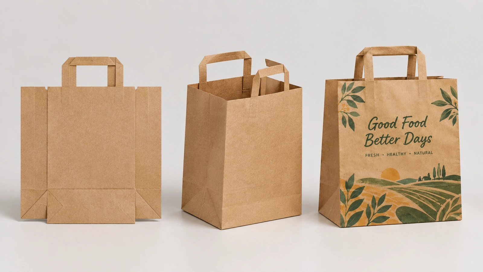 Exemples d'assemblage de sacs en papier à poignées plates Ébauche à plat, ébauche formée et sac en papier imprimé à poignées plates, présentés en séquence