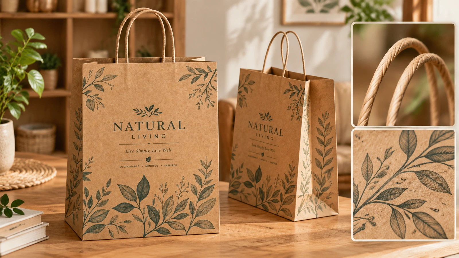 Deux sacs bruns à motif de feuilles avec vues en encart des poignées torsadées et de la surface imprimée