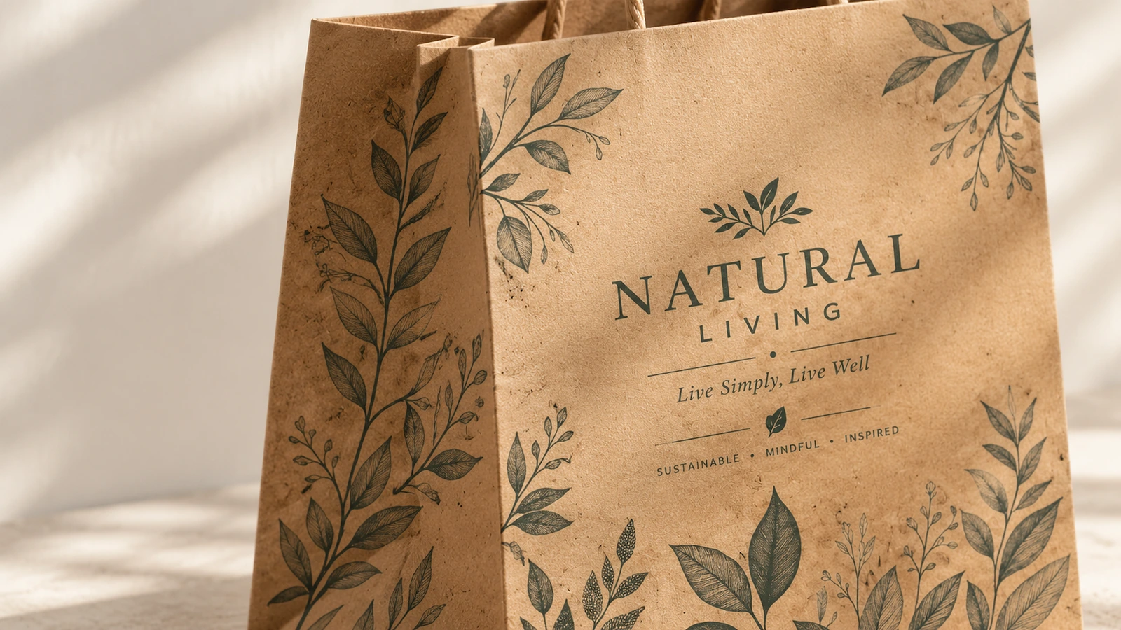 Gros plan d'un sac en papier brun imprimé de feuilles et du lettrage NATURAL LIVING