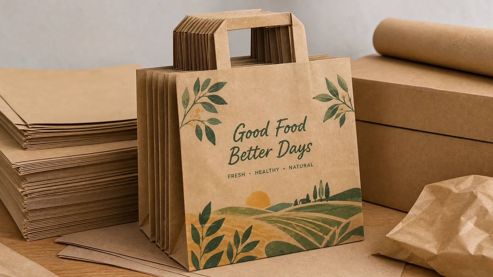 Sacs à poignées plates et matériaux d'emballage Sacs en papier imprimés à poignées plates et ébauches empilées à côté de cartons d'emballage