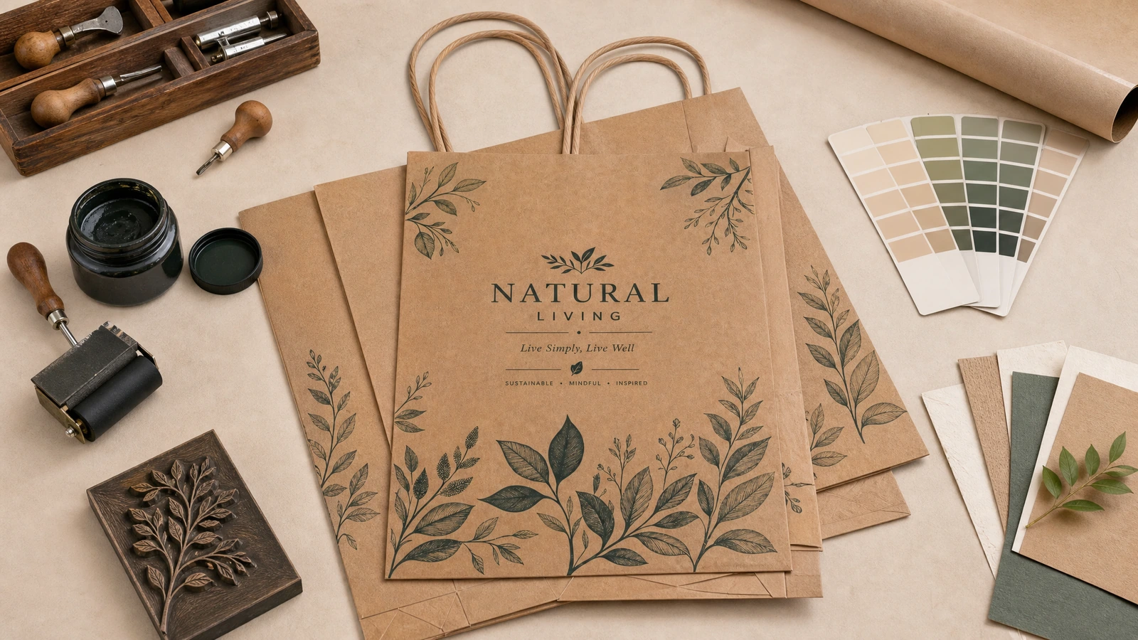 Sacs en papier brun à motif de feuilles avec poignées torsadées, outils d'impression et nuanciers sur une table de travail