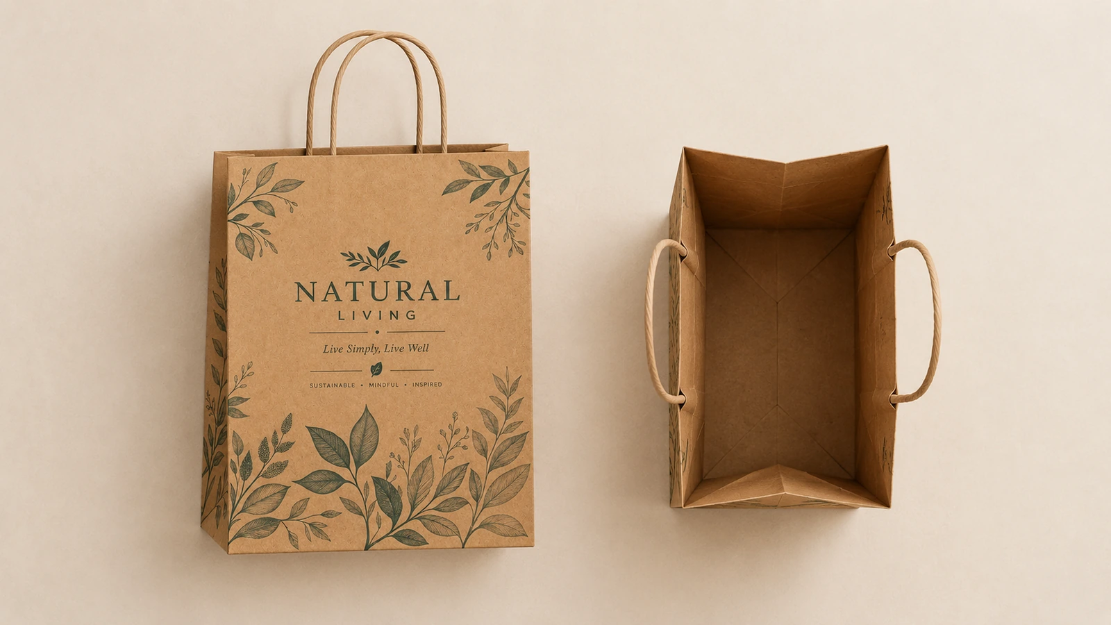 Vues de face et du dessus ouvert d'un sac en papier brun à motif de feuilles et poignées torsadées
