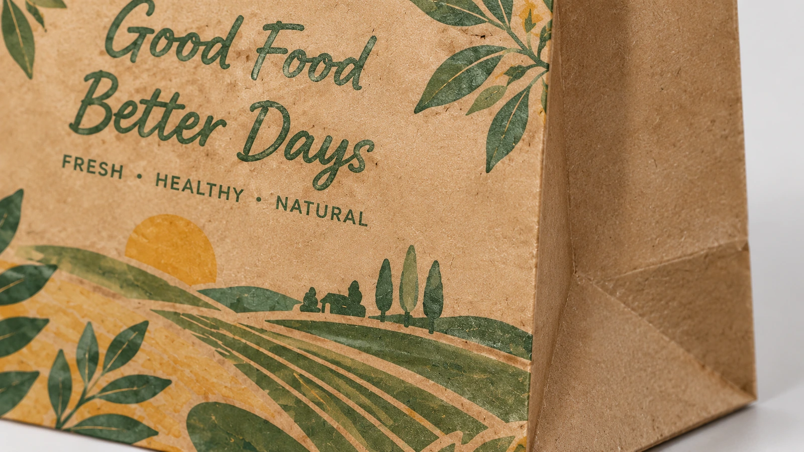 Surface en papier brun imprimé Gros plan sur le lettrage « Good Food Better Days » et les illustrations champêtres sur papier brun