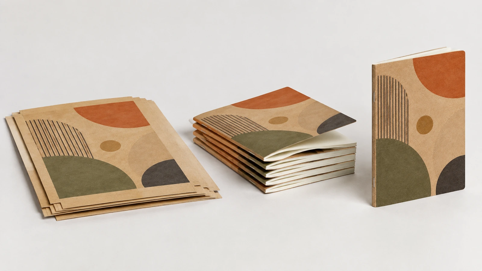 Couvertures à plat, carnets empilés et carnet debout à motif géométrique, à titre illustratif
