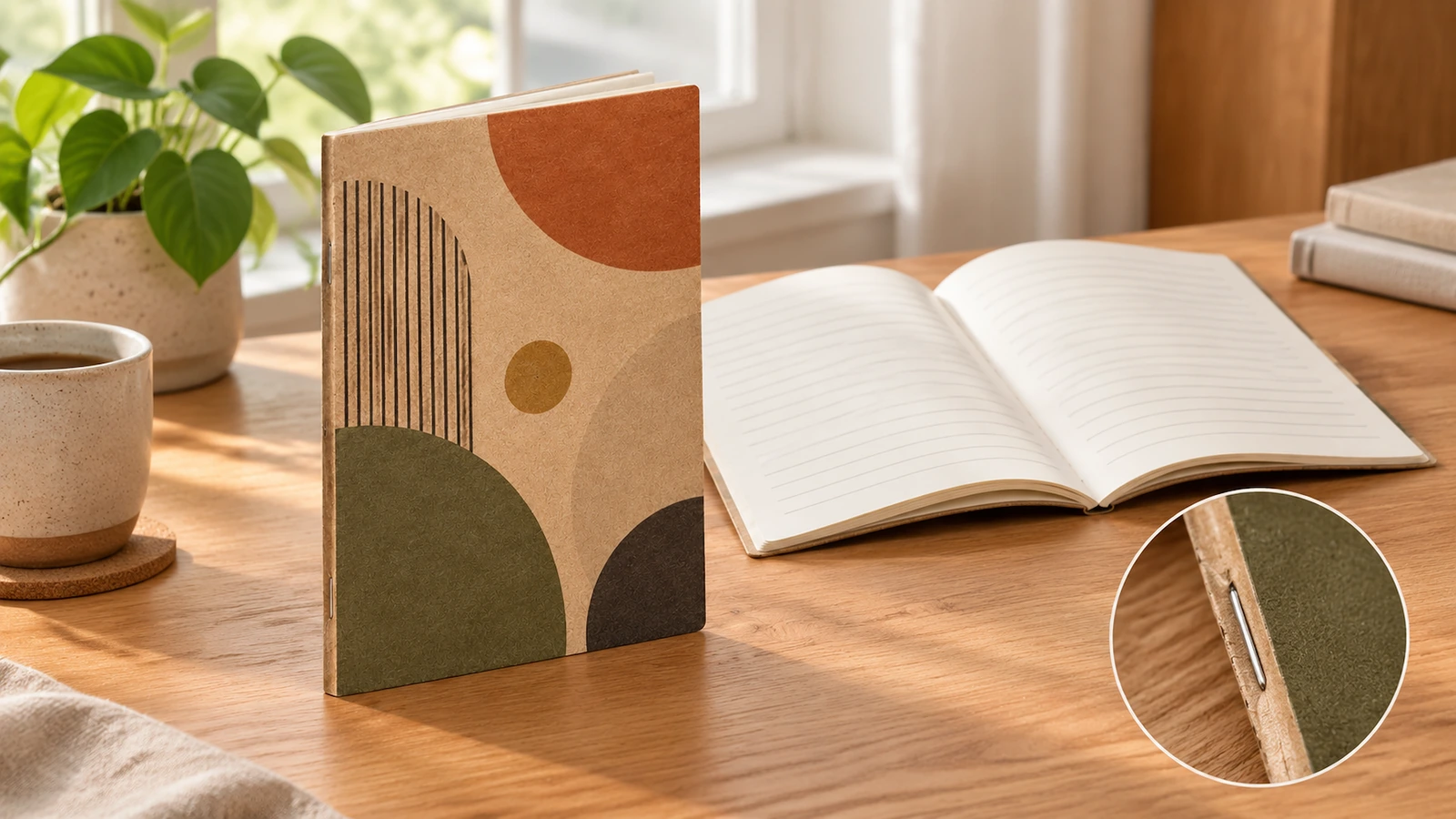 Carnet kraft debout à titre illustratif, à côté d'un carnet ligné ouvert avec un encart de détail de l'agrafe