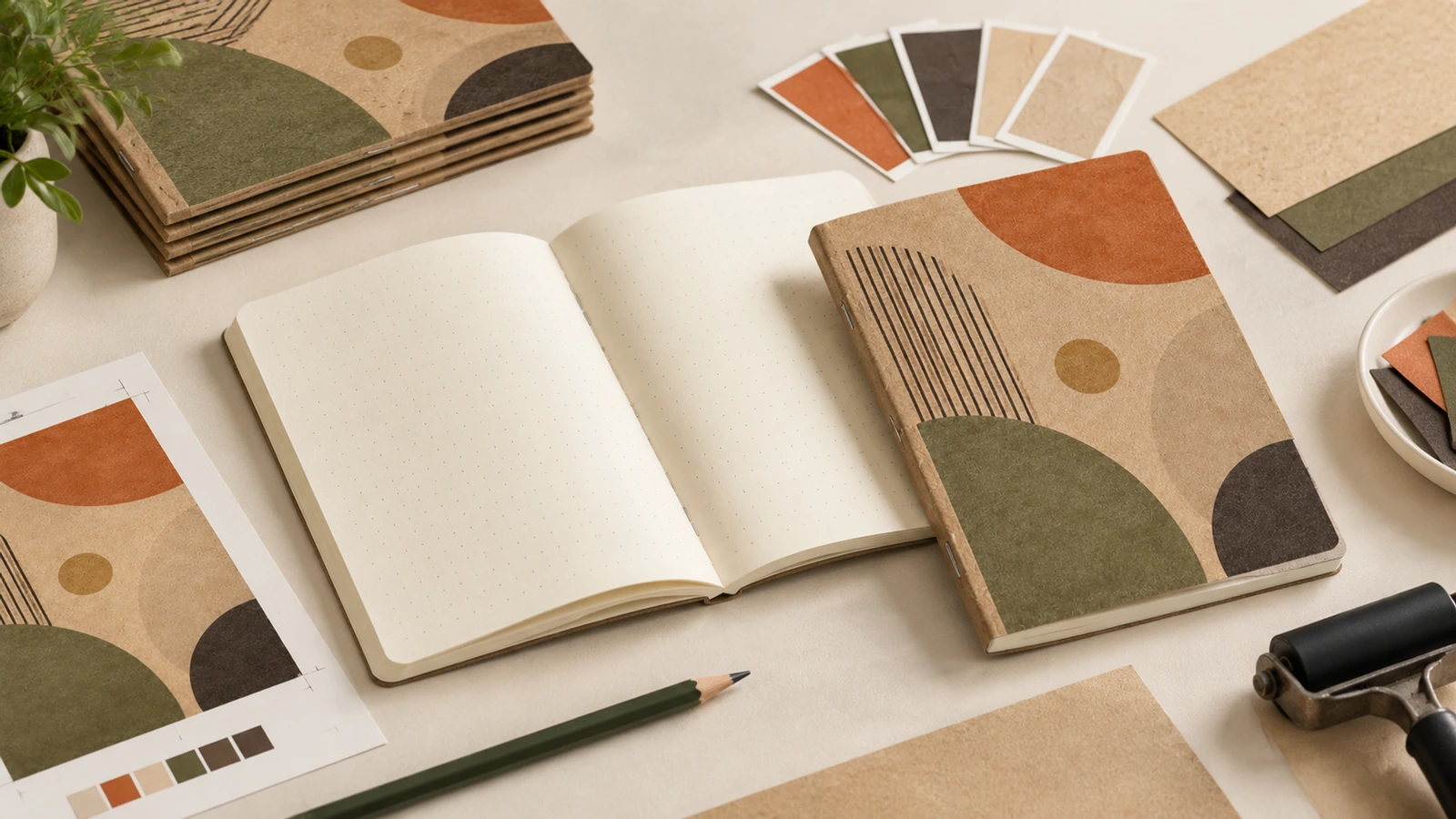 Carnet kraft à motif géométrique à titre illustratif et carnet blanc ouvert à côté de visuels et de références de couleurs