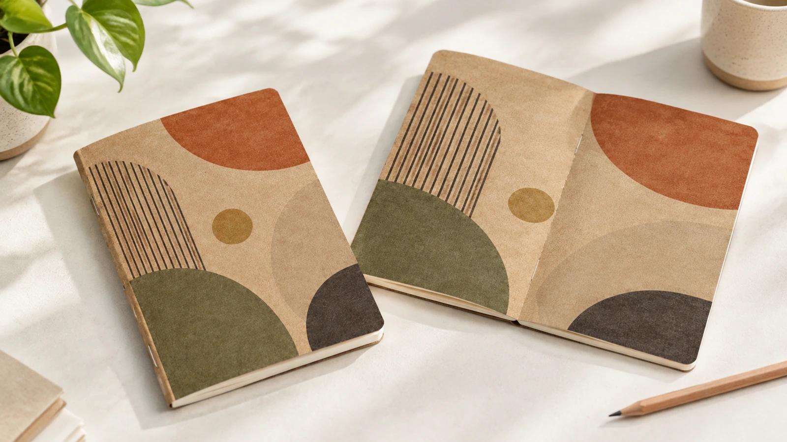 Carnet kraft fermé à titre illustratif, à côté d'une couverture déployée à motif géométrique
