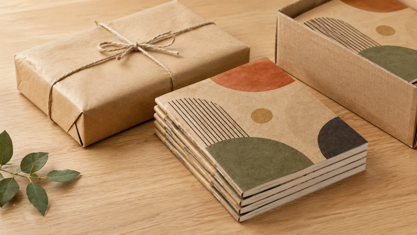 Carnets kraft empilés à titre illustratif, à côté d'un colis emballé dans du papier et d'une boîte en carton ouverte